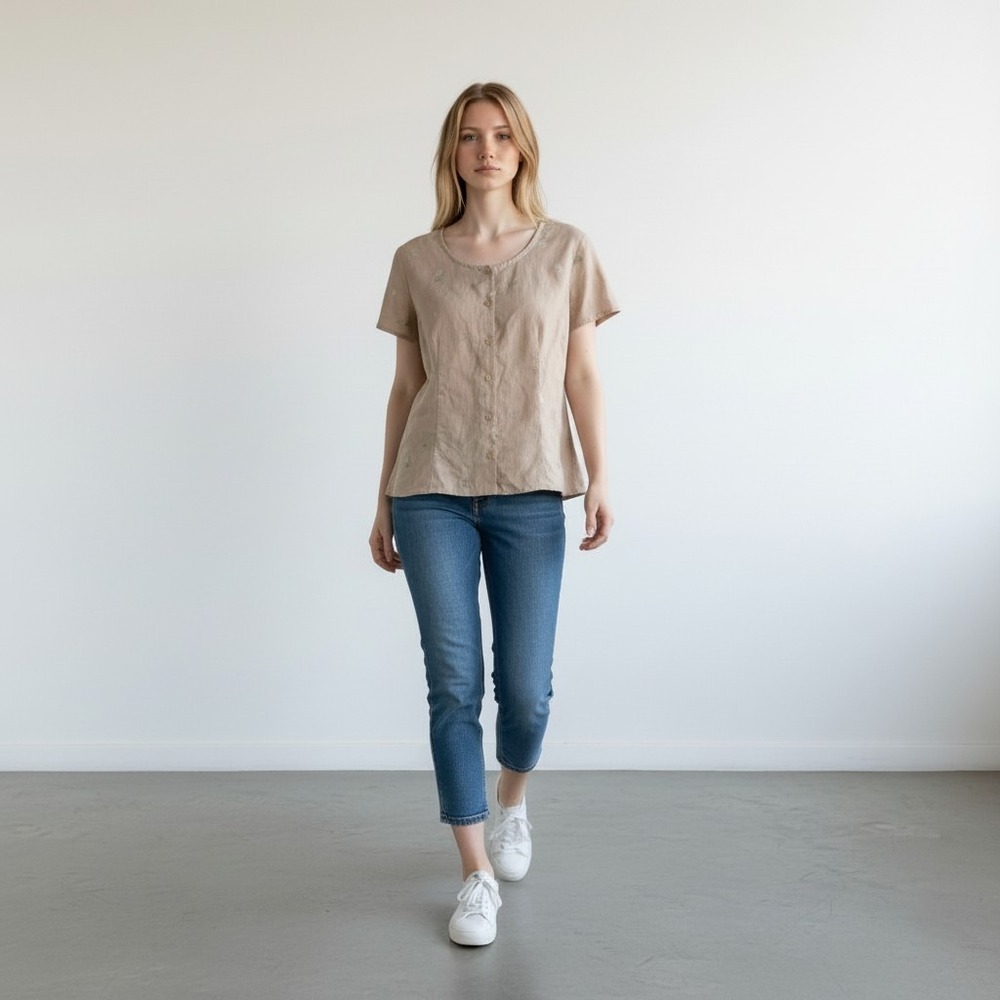 Basic Editions‎ Vintage Women's L Grandma Core Linen Cotton Embroidered Tan Top